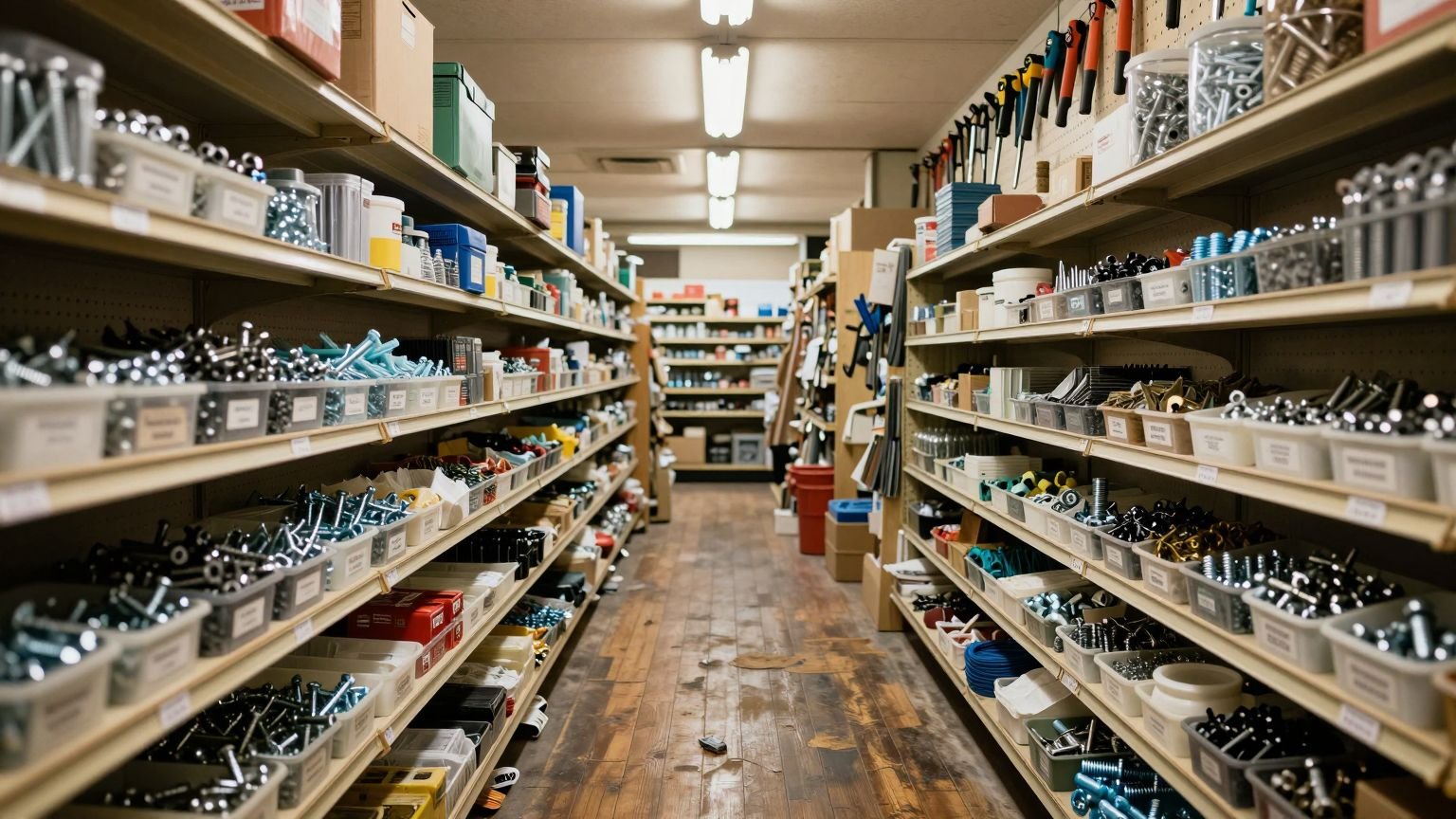 Aisles of fasteners and hand tools in a hardware store