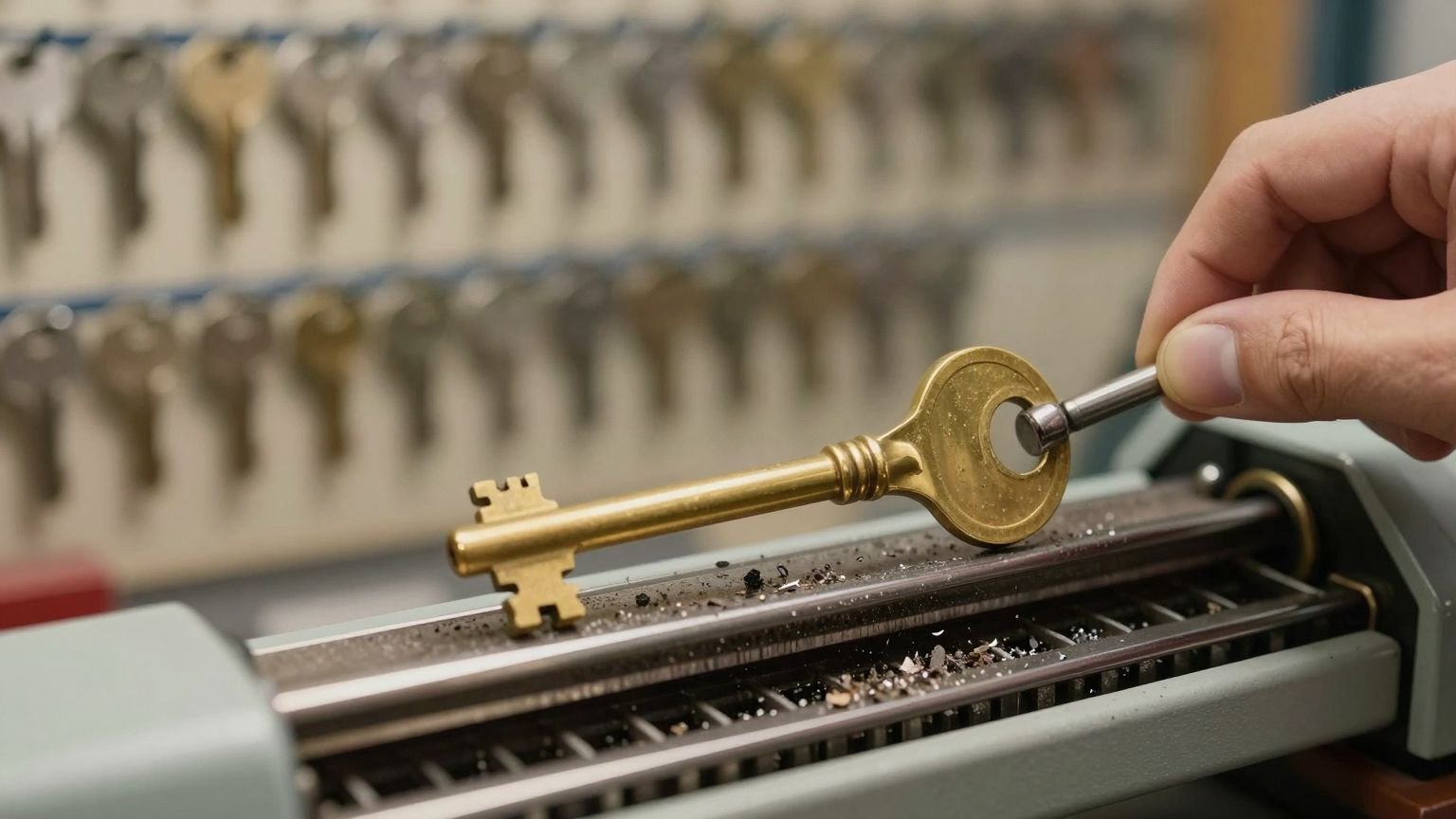 A key being cut on a key machine