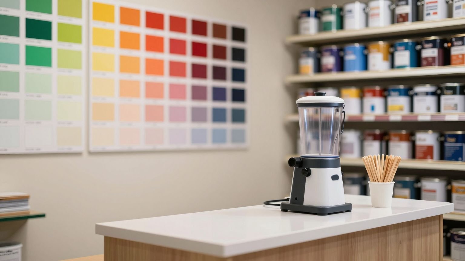 A paint counter with swatches and gallon cans